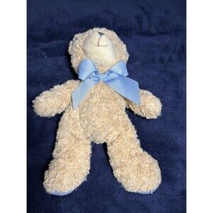 Vintage Walmart Baby Boy's Cream Tan Teddy Bear Blue Plaid Fabric Bow & Feet